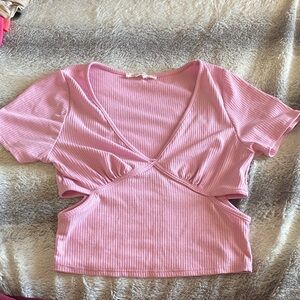 4/$30 Pink Ribbed Cutout V-Neck Crop Top